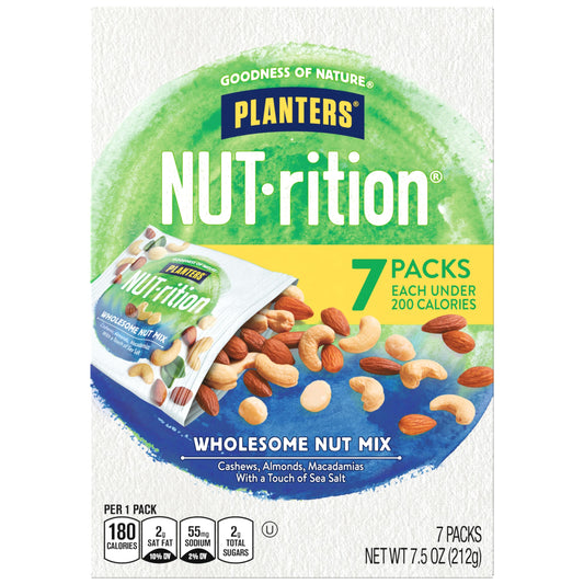 PLANTERS NUT-rition Wholesome Nut Mix, Mixed Nuts with Cashews, Almonds and Macadamia Nuts, Flavored with Sea Salt, Plant-Based Protein, Individual Nut Packs, After School Snack, 7.5oz (7 Count)