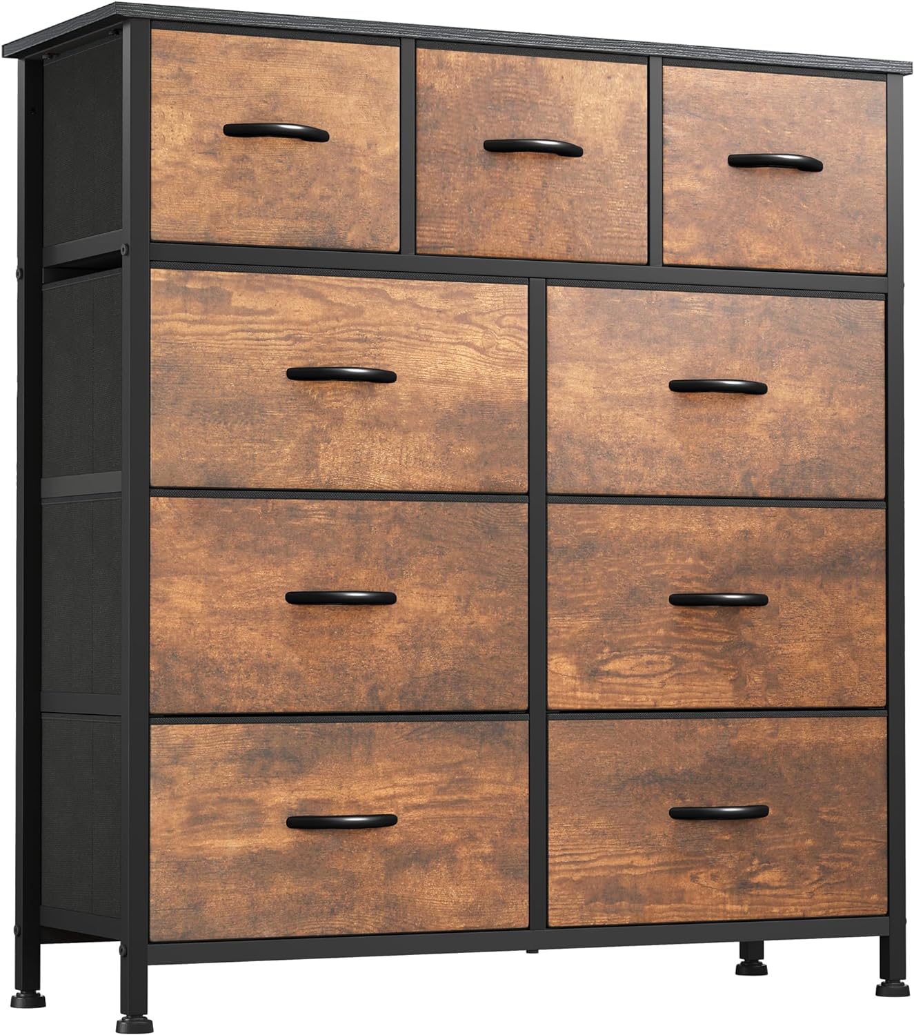 DWVO Dresser with 9 Drawers - Fabric Storage Tower, Organizer Unit for Living Room, Hallway - Sturdy Steel Frame, Wooden Top & Easy Pull Fabric Bins