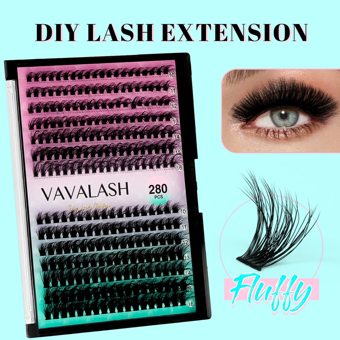 VAVALASH DIY Lash Extension Kit 280 Clusters Individual Lashes Kit 30D 40D 0.07D-10-16mm Lash Clusters, Lash Bond and Seal, Lash Tweezer for DIY Eyelash Extension at Home（Kit-30D+40D-0.07D-10-16MIX）