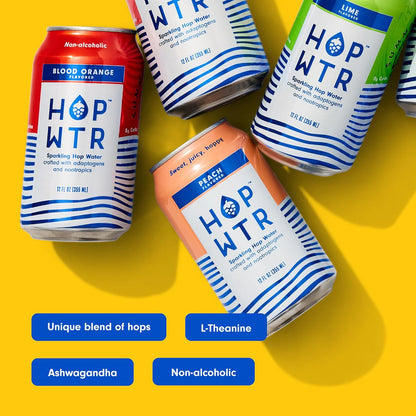 HOP WTR Sparkling Hop Water, Variety Pack 12 Pack, Sugar Free, Low Carb Non Alcoholic Drinks, NA Beer, Adaptogen Drink, No Calories, Adaptogens & Nootropics for Added Benefits, 12 oz Cans