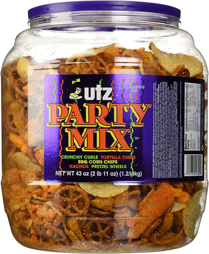 Utz Party Mix - 26 Ounce Barrel - Tasty Snack Mix Includes Corn/Nacho Tortillas, Pretzels, BBQ Corn Chips and Cheese Curls, Easy and Quick Party Snacks, Cholesterol Free and Trans-Fat Free