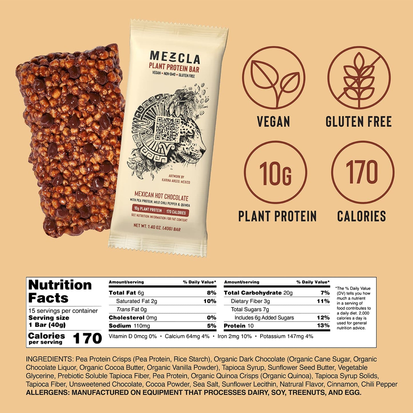 Mezcla Vegan Chocolate High Protein Bars, Gluten Free, Plant Based, Non GMO, No Dairy, 10g Protein, Healthy Snacks, 6 Flavor Variety Pack (8 Bars)