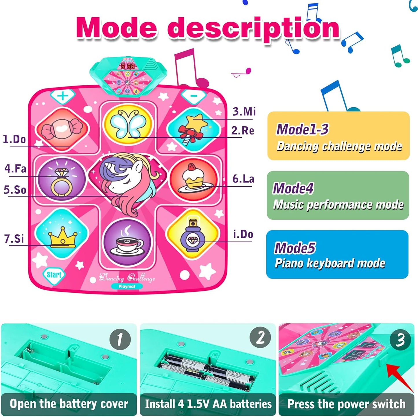 Unicorn Dance Mat, Dance Mixer Rhythm Step Play Mat, Pink Dance Pad with LED Lights, Adjustable Volume, Built-in Music, 5 Game Modes, Xmas B-Day Gifts for 3-12 Years Old Girls Toys