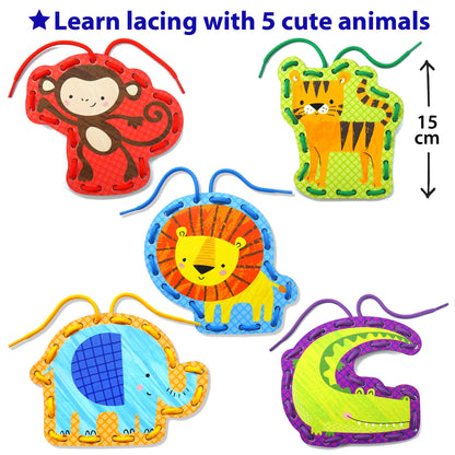 KRAFUN Beginner Preschool Lacing Card Kit for Kids Arts & Crafts, 5 Easy Safari and Animal Lacing Projects, Lacing Cards for Toddlers, Fine Motor Skills Training Toys