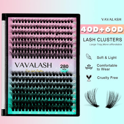 VAVALASH DIY Lash Extension Kit 280 Clusters Individual Lashes Kit 30D 40D 0.07D-10-16mm Lash Clusters, Lash Bond and Seal, Lash Tweezer for DIY Eyelash Extension at Home（Kit-30D+40D-0.07D-10-16MIX）