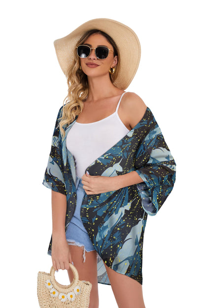 Women's Floral Print Puff Sleeve Kimono Cardigan Loose Cover Up Casual Blouse Tops