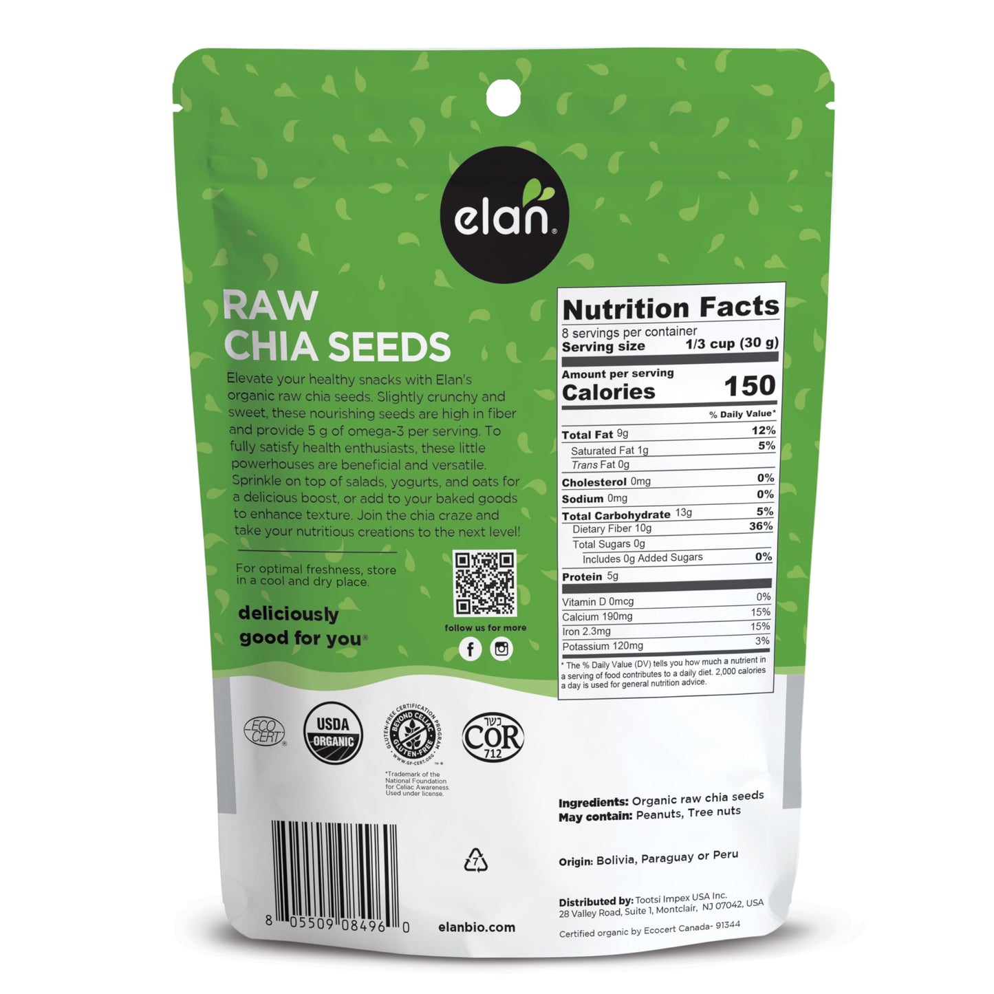 Elan Organic Chia Seeds, 8.8 oz, Natural Raw Black Chia Seeds, Plant-Based, Non-GMO, Vegan, Gluten-Free, Kosher, Gels Easily, Superfood