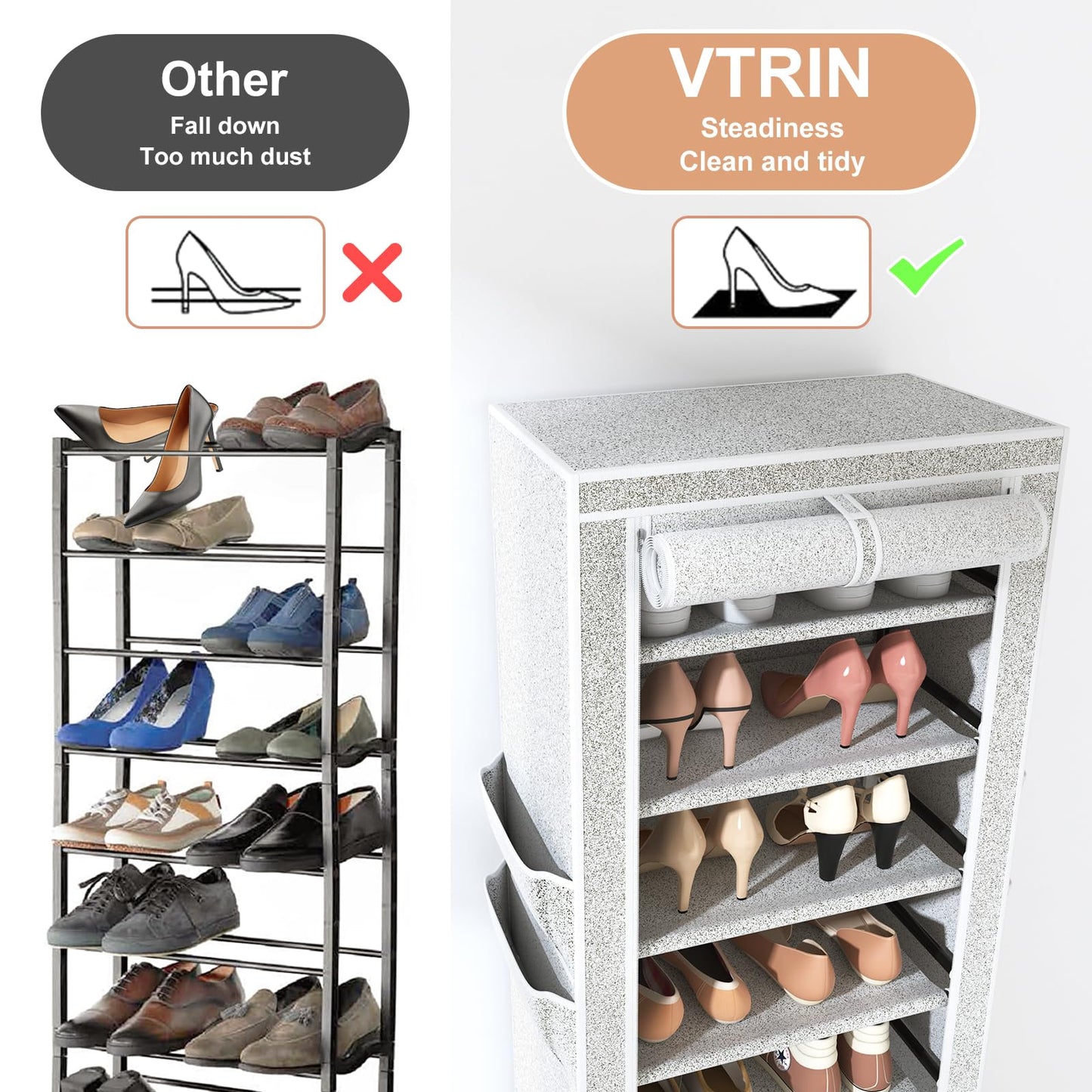 VTRIN Vertical Narrow Shoe Rack Organizer Tall Shoe Rack for Closet Entryway 10 Tier Non-Woven Cover Shoe Shelf Holds 20-22 Pairs Fr