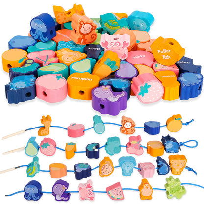 46Pcs Wooden Animals Fruits Vegetables String Threading Beads,Include 42Wooden Lacing Beads 4String Ropes,Montessori Toddler Preschool Activities Lacing Toys for Toddlers 3 4 5 6 Year Old