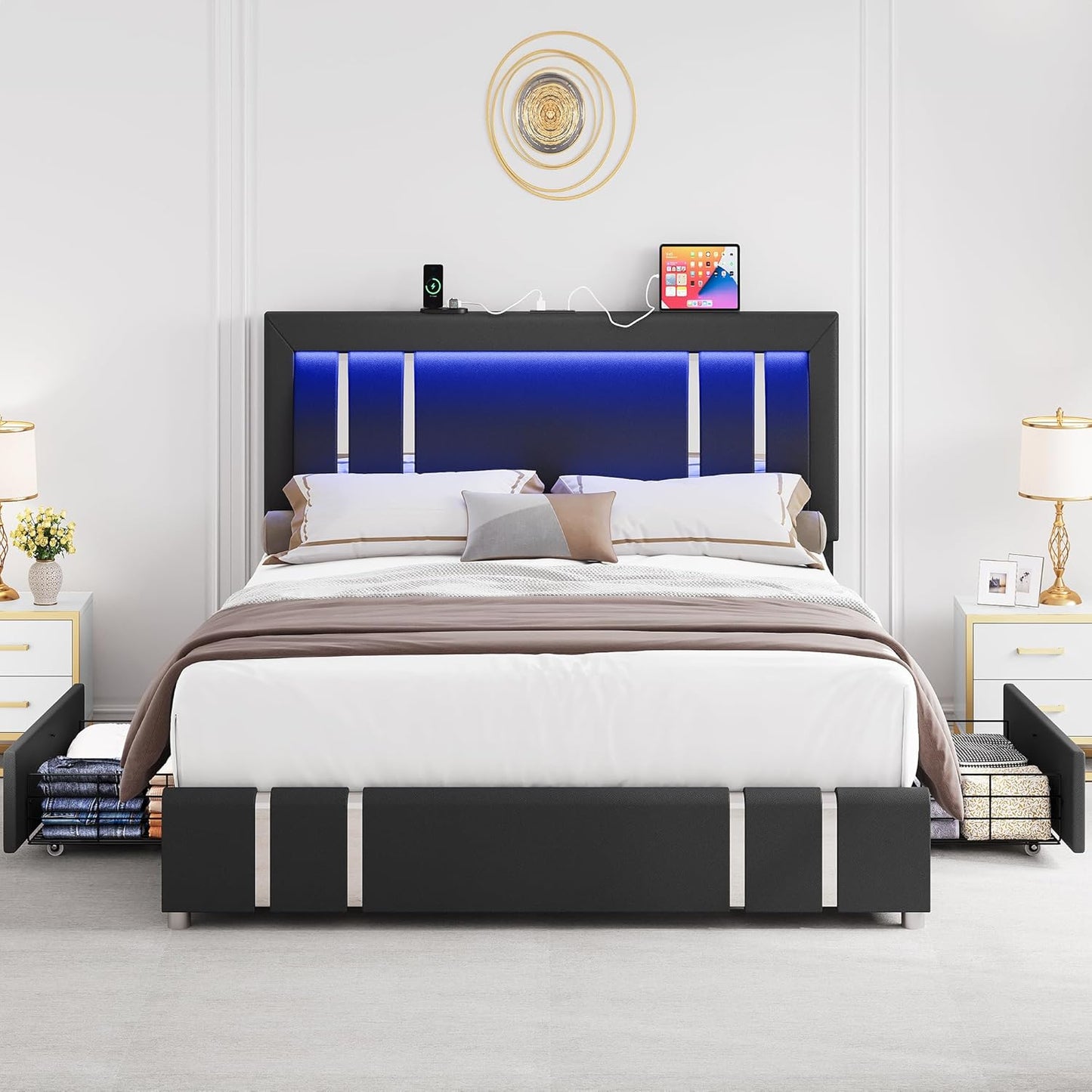 YITAHOME Queen Bed Frame with Adjustable Headboard, Upholstered Platform Bed with RGB LED Lights & 2 Storage Drawers, Glossy Silver Metal Accents, No Box Spring Needed (Black)