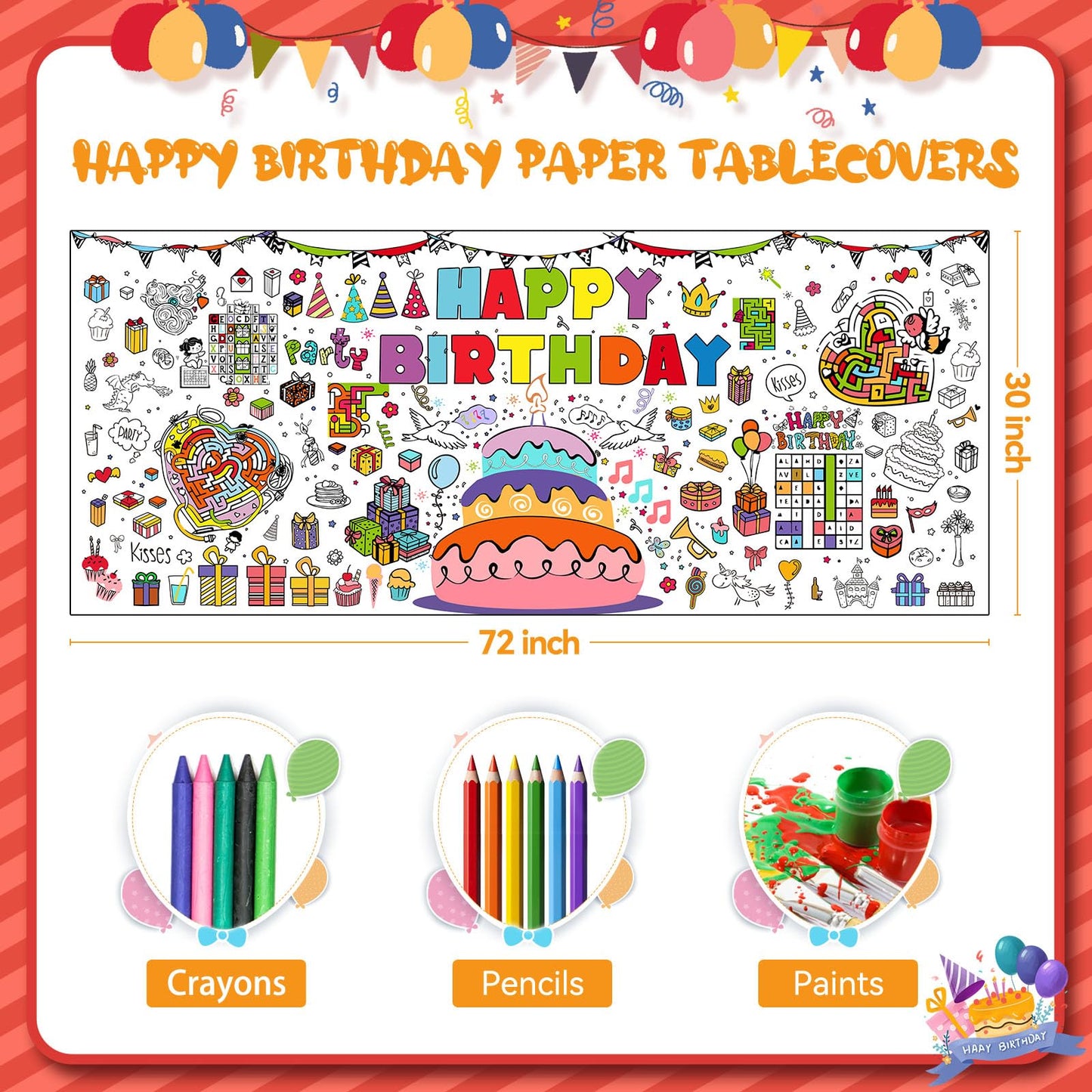 PADTIC Giant Coloring Poster,30x72Inch Happy Birthday Drawing Paper Coloring Tablecloth,DIY Birthday Activity Poster Table Cover,Kids Art Crafts Coloring Mat,Home Classroom Birthday Party Suppiles