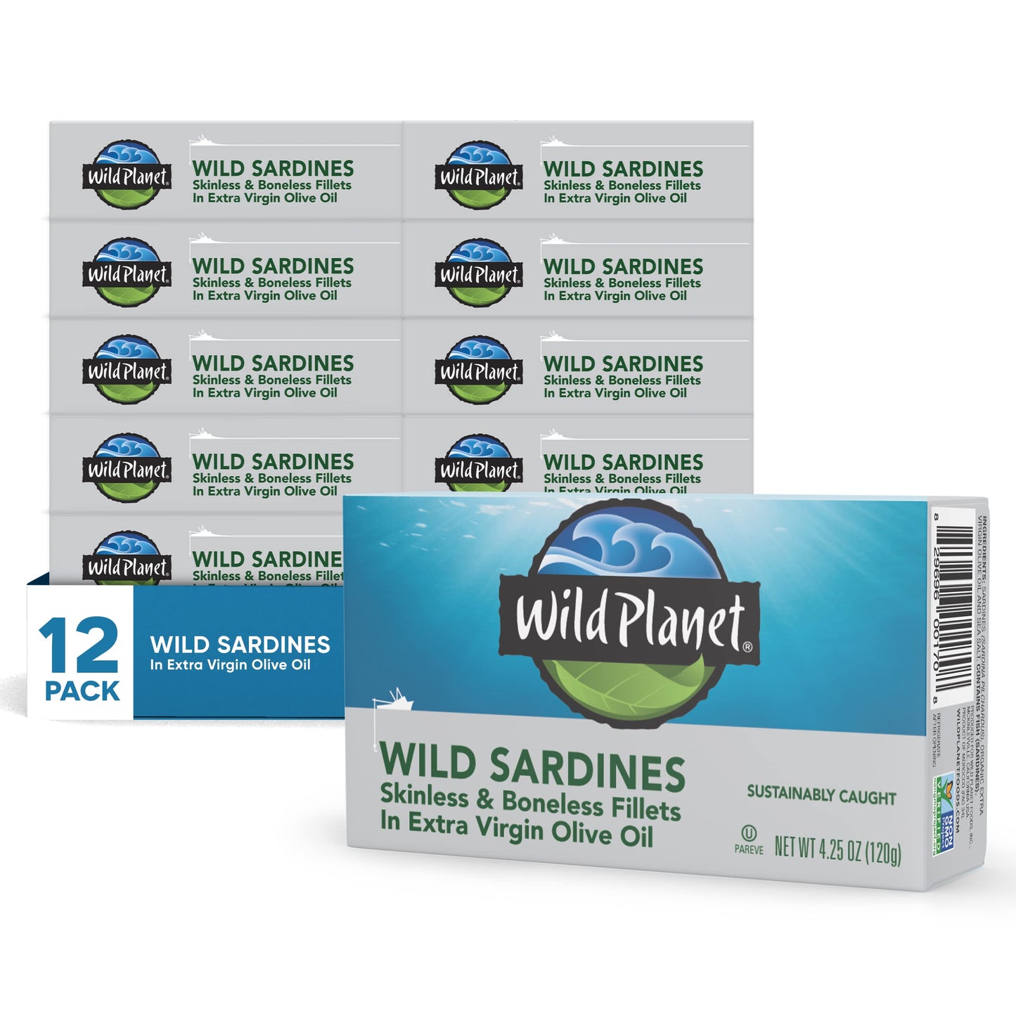 Wild Planet Wild Sardines in Extra Virgin Olive Oil, Lightly Smoked, Tinned Fish, Sustainably Wild-Caught, Non-GMO, Kosher, Gluten Free, 4.4. Ounce (Pack of 12)