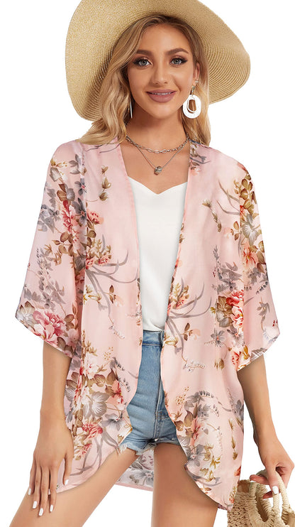 Women's Floral Print Puff Sleeve Kimono Cardigan Loose Cover Up Casual Blouse Tops