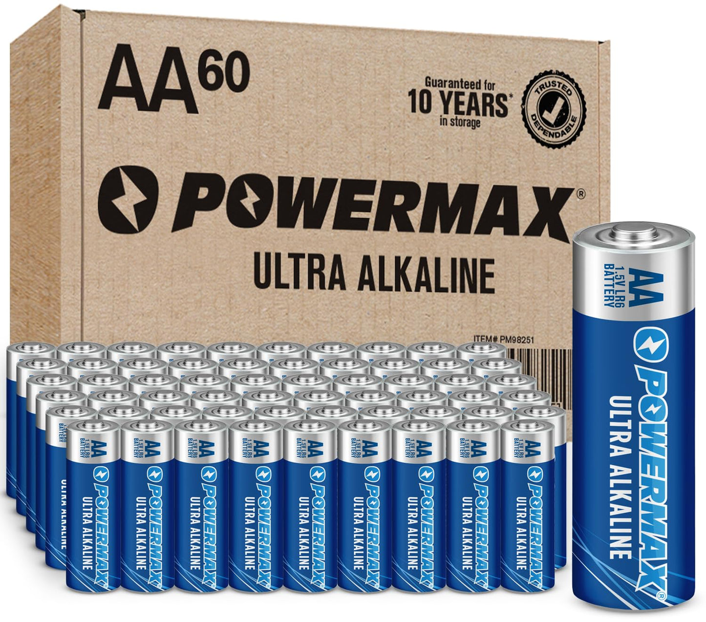 Powermax 24-Count AA Batteries, Ultra Long Lasting Alkaline Battery, 10-Year Shelf Life, Reclosable Packaging