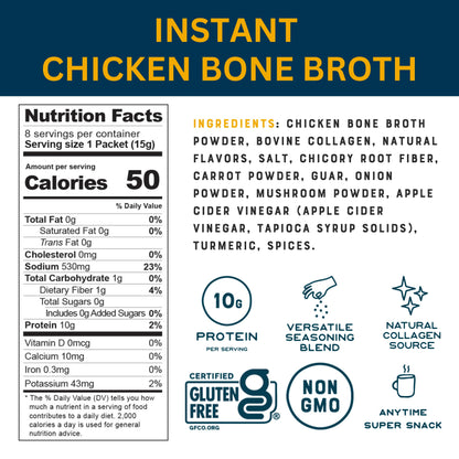 Bare Bones Bone Broth Instant Powdered Beverage Mix, Chicken, Pack of 16, 15g Sticks, 10g Protein, Keto & Paleo Friendly