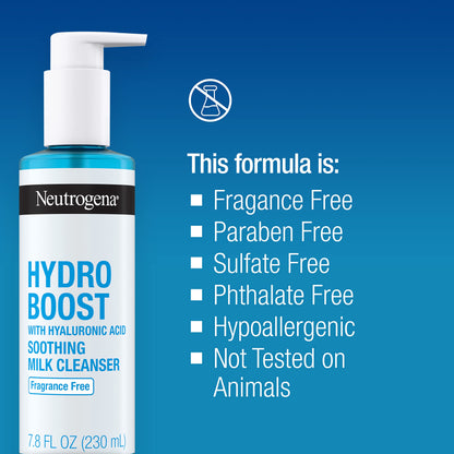 Neutrogena Hydro Boost Soothing Milk Facial Cleanser with Hyaluronic Acid, Hydrating Face Wash Gently Lifts Dirt & Oil Leaving Soft Soothed Skin, Hypoallergenic, Fragrance-Free, 7.8 Fl. Oz