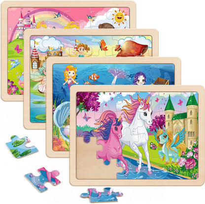 Wooden Puzzles for Kids Ages 4-6, 4 Packs 24 PCs Unicorn Mermaid Princess Fairy Jigsaw Puzzles, Preschool Educational Brain Teaser Toys for Girls 3 4 5 6 Years Old.