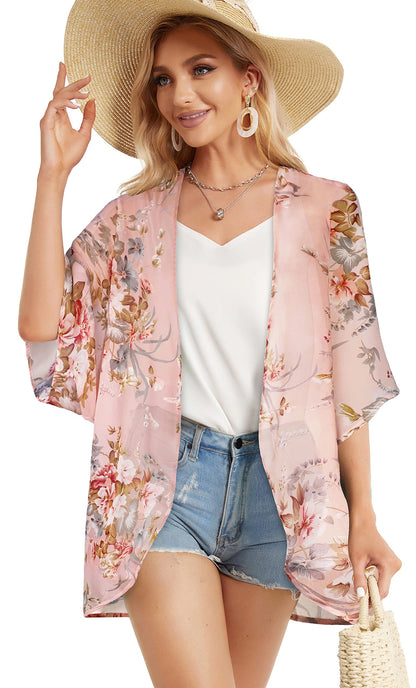 Women's Floral Print Puff Sleeve Kimono Cardigan Loose Cover Up Casual Blouse Tops