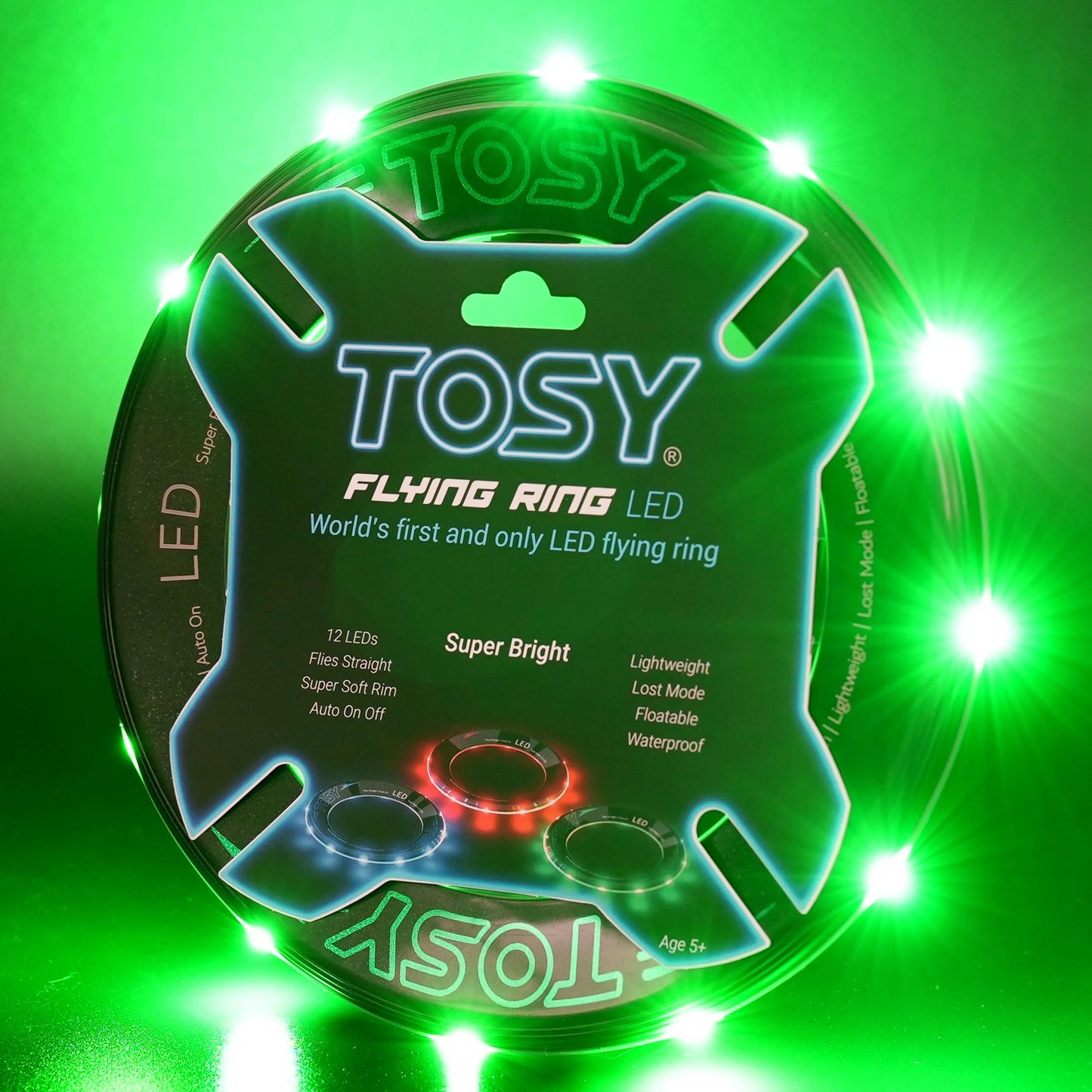 TOSY Flying Ring - 12 LEDs, Super Bright, Soft & Photoluminescent Rim, Auto Light Up, Safe, Waterproof, Lightweight frisbee, Cool Fun Birthday, Camping & Outdoor/Indoor Gift Toy for Boys/Girls/Kids