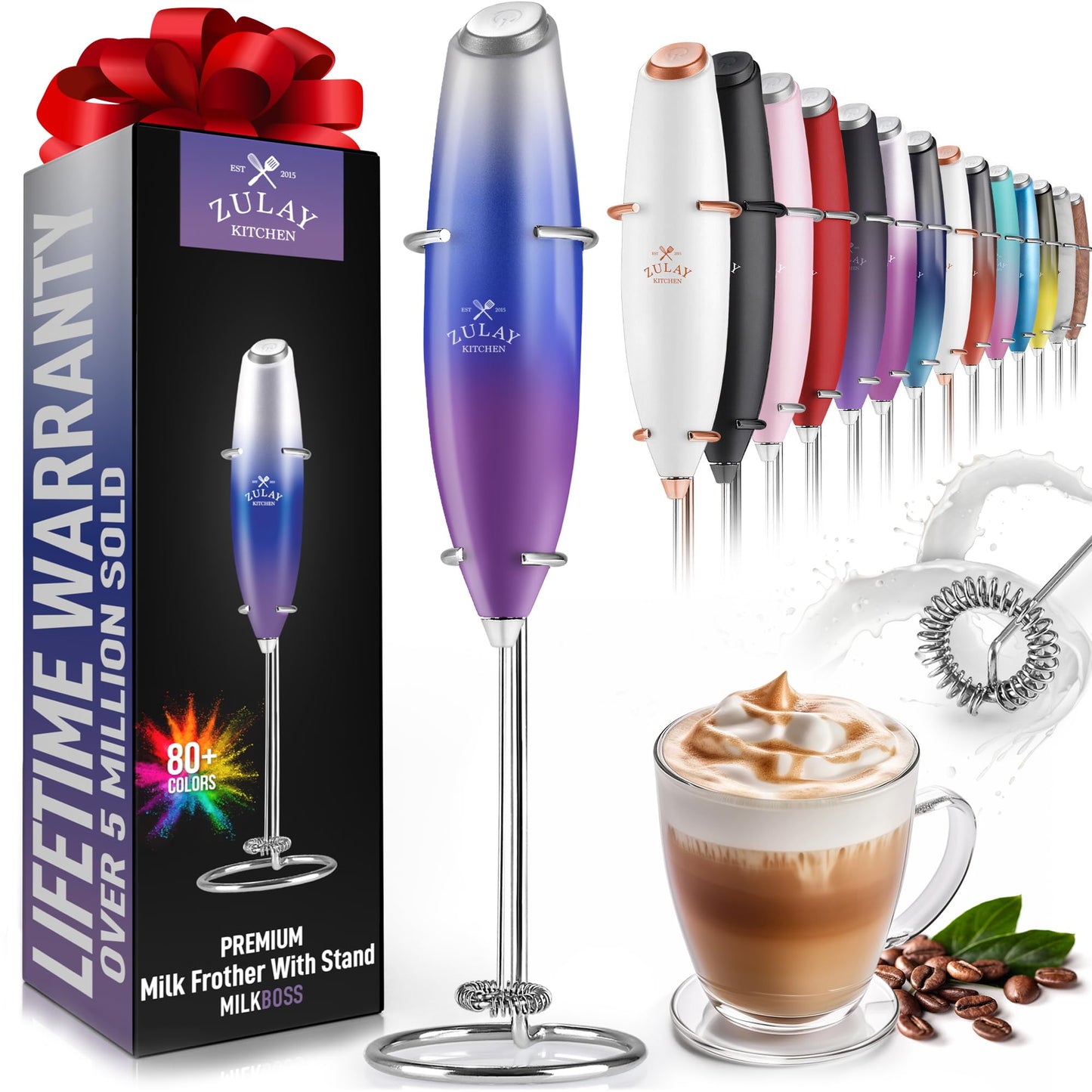 Zulay Powerful Milk Frother (4 Duracell Batteries Included) - Handheld Milk Frother Wand Drink Mixer for Coffee - Powerful Milk Foamer for Cappuccino, Frappe, Matcha & Coffee Creamer - Black