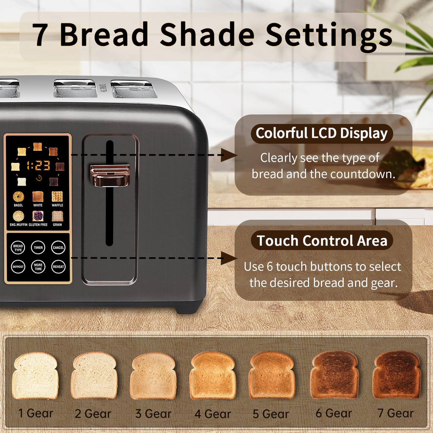 SEEDEEM Toaster 2 Slice, Stainless Toaster LCD Display&Touch Buttons, 50% Faster Heating Speed, 6 Bread Selection, 7 Shade Setting, 1.5''Wide Slot, Removable Crumb Tray, 1350W, Dark Metallic