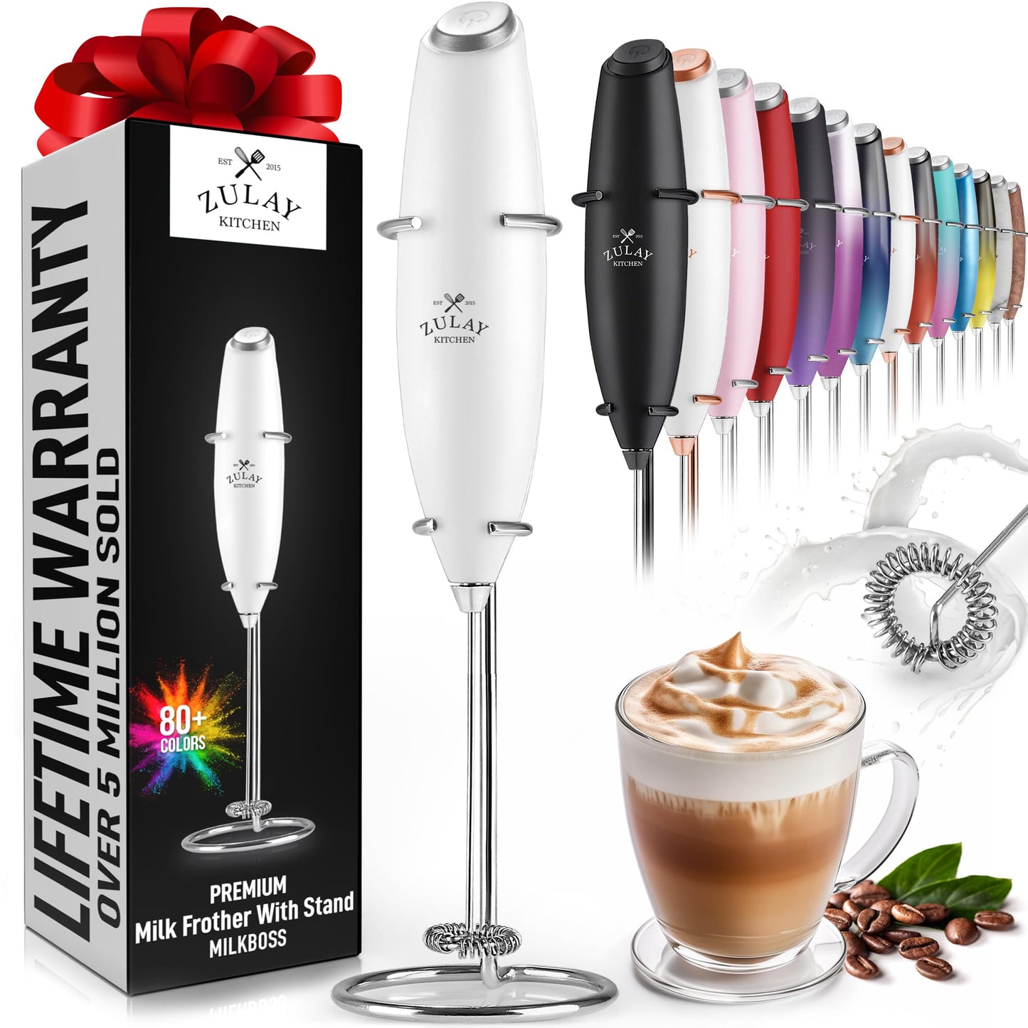 Zulay Powerful Milk Frother (4 Duracell Batteries Included) - Handheld Milk Frother Wand Drink Mixer for Coffee - Powerful Milk Foamer for Cappuccino, Frappe, Matcha & Coffee Creamer - Black