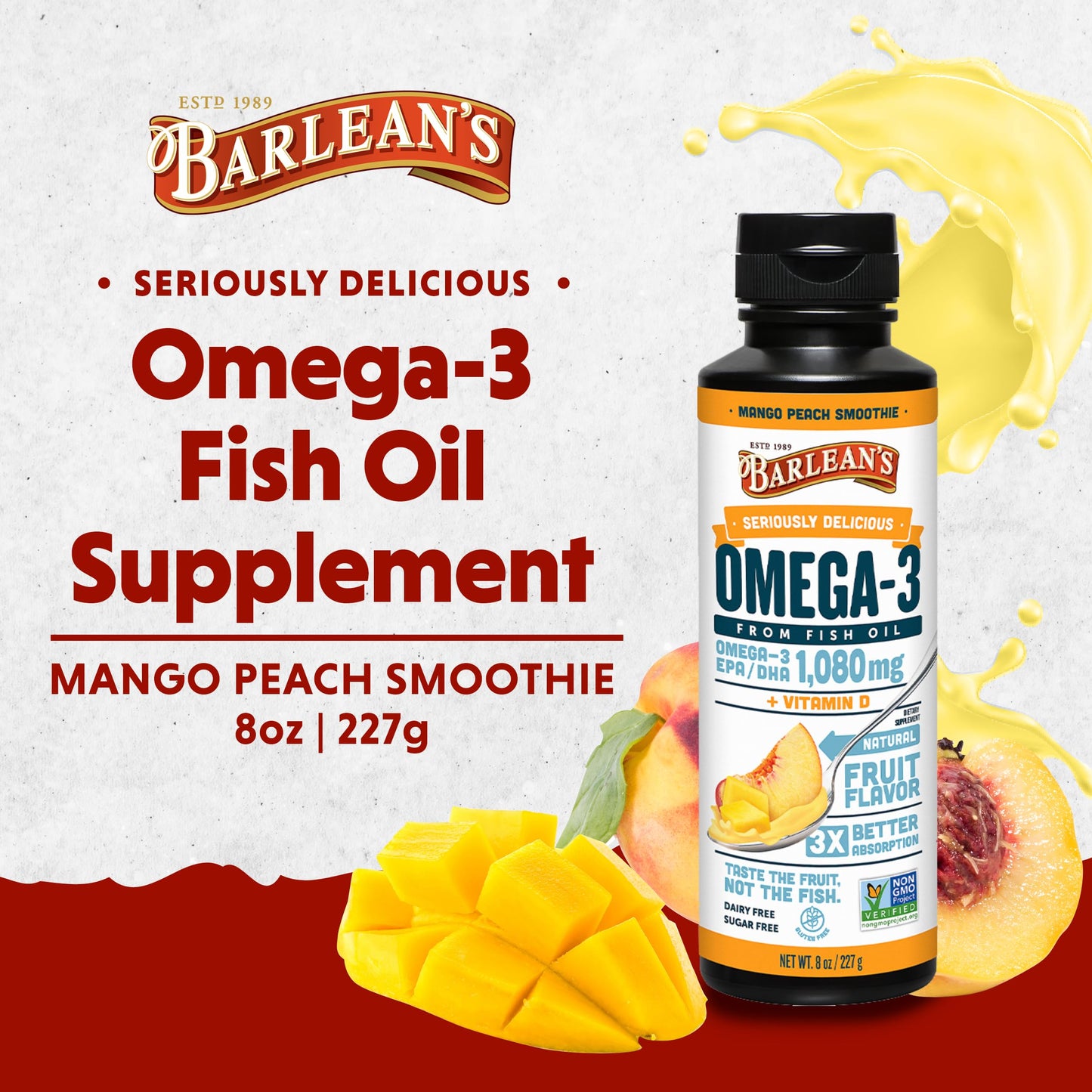 Barlean's Mango Peach Omega 3 Fish Oil Liquid Supplement with Vitamin D, 1080mg EPA & DHA Fatty Acid, Smoothie Flavored & Burpless for Brain, Joint, & Heart Health, 16 oz