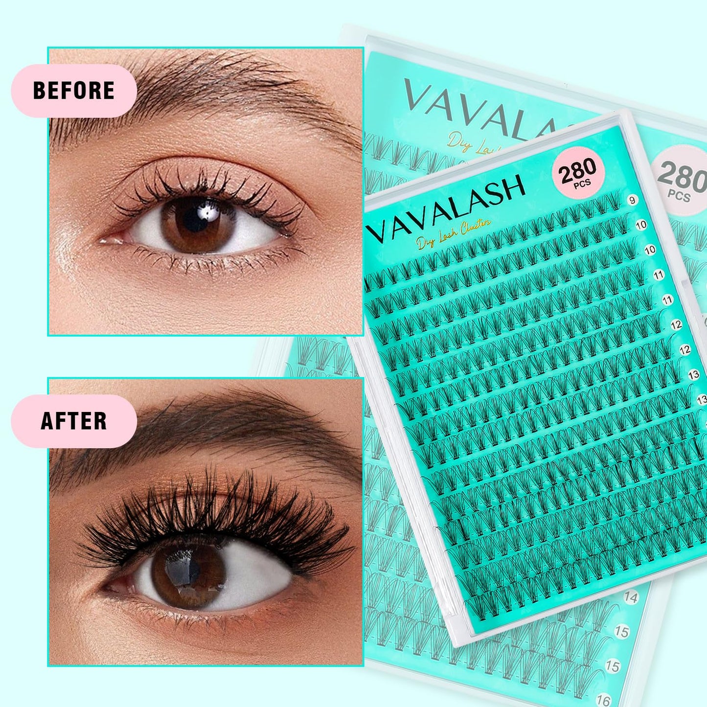 VAVALASH DIY Lash Extension Kit 280 Clusters Individual Lashes Kit 30D 40D 0.07D-10-16mm Lash Clusters, Lash Bond and Seal, Lash Tweezer for DIY Eyelash Extension at Home（Kit-30D+40D-0.07D-10-16MIX）