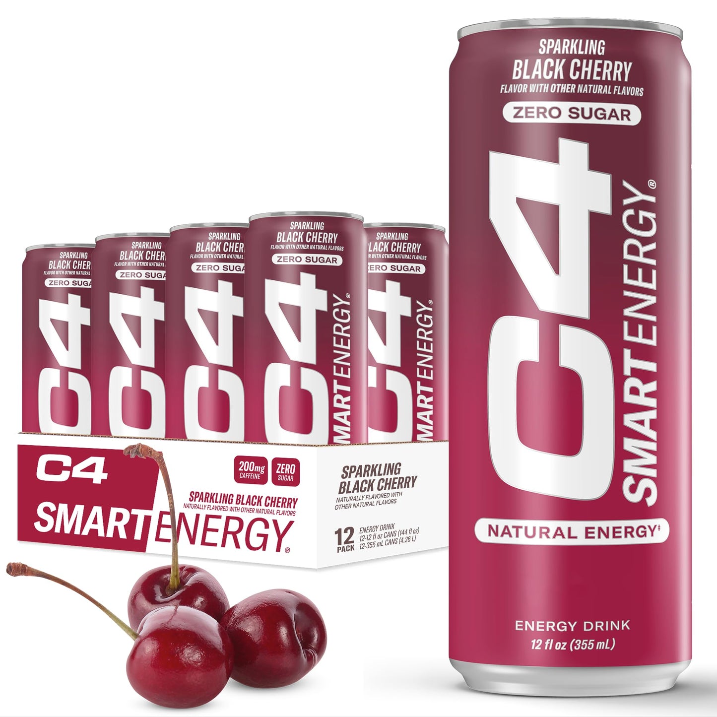 C4 Smart Energy Drink – Boost Focus and Energy with Zero Sugar, Natural Energy, and Nootropics - 200mg Caffeine - Cherry Berry Lime (12oz Pack of 12)