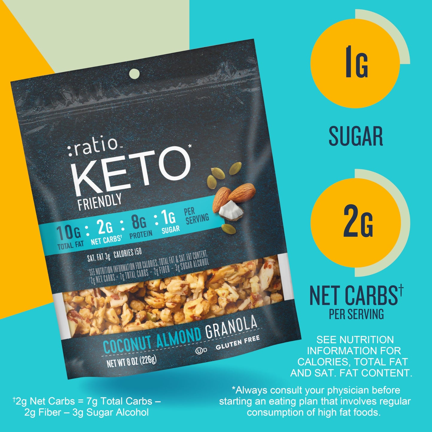 Ratio Coconut Almond Granola Cereal, 1g Sugar, Keto Friendly, 8 OZ Resealable Cereal Bag