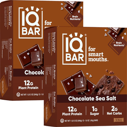 IQBAR Brain and Body Plant Protein Bars - Almond Butter Chip - 12 Count, Low Carb, High Fiber, Gluten Free, Vegan Snacks - Low Sugar Keto Energy Bars