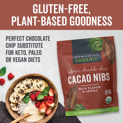 Viva Naturals Organic Cacao Nibs, 1 Lb - Certified Keto and Vegan Superfood, Perfect for Gluten Free Baking, Cacao Nib Smoothies and Healthy Snacks, Premium Criollo Beans, Non-GMO