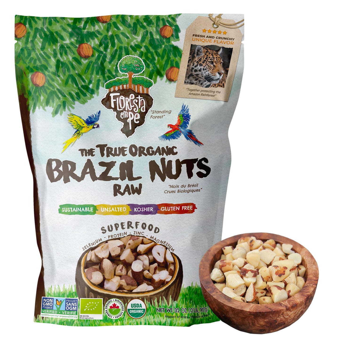 Floresta em Pé The True Organic Premium Brazil Nuts (15oz) Raw & Unsalted | Kosher | Non-Gmo | Certified Organic | Fresh | Vegan | Gluten Free | Keto & Paleo Friendly | Sustainably Harvested