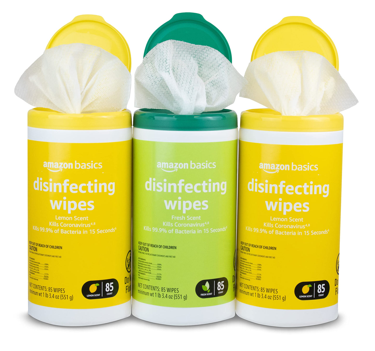 Amazon Basics Disinfecting Wipes, Lemon Scent, for Sanitizing, Cleaning & Deodorizing, 255 Count (3 Packs of 85)