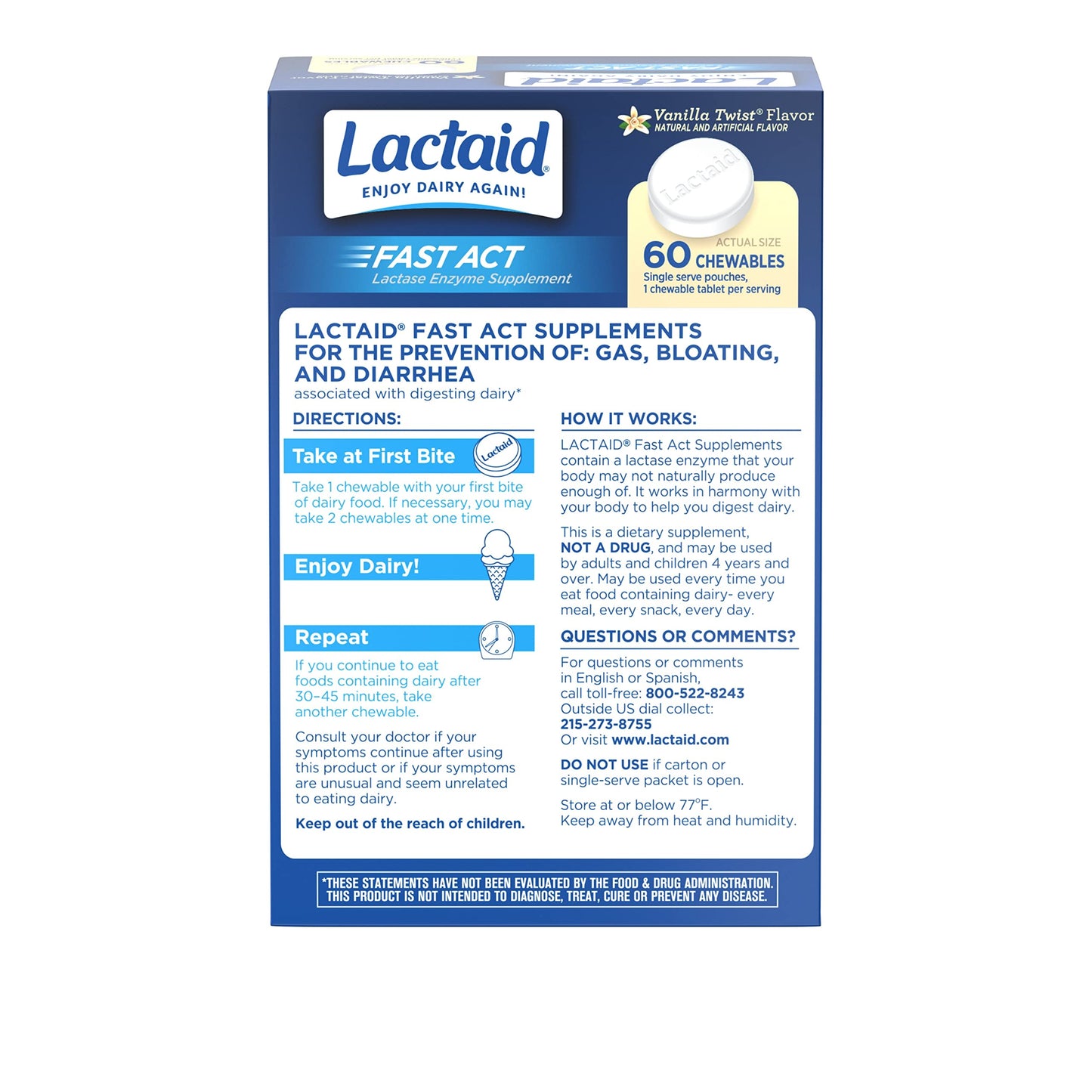 Lactaid Fast Act Lactose Intolerance Chewables with Enzymes, Vanilla Twist, 32 Count