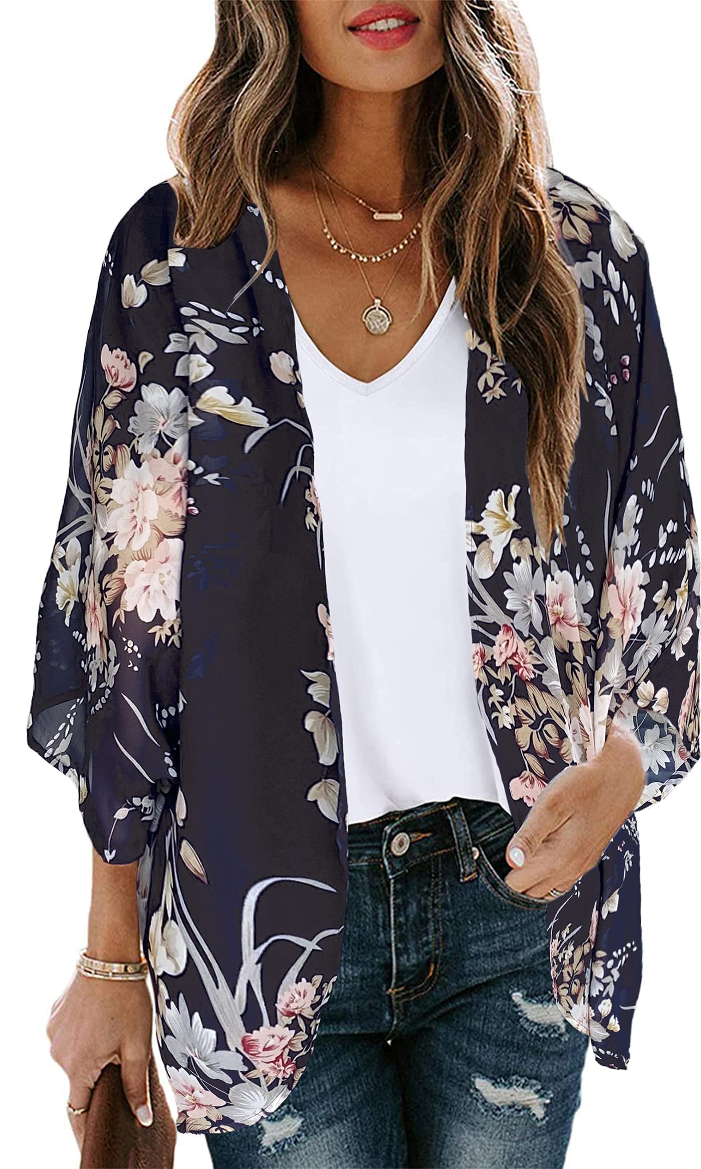 Women's Floral Print Puff Sleeve Kimono Cardigan Loose Cover Up Casual Blouse Tops