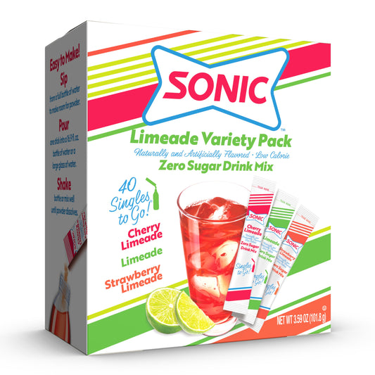 Sonic Singles To Go Limeade Variety Pack, Watertok Powdered Drink Mix, Includes 3 Flavors, Limeade, Cherry Limeade, Strawberry Limeade, 1 Box (40 Servings)