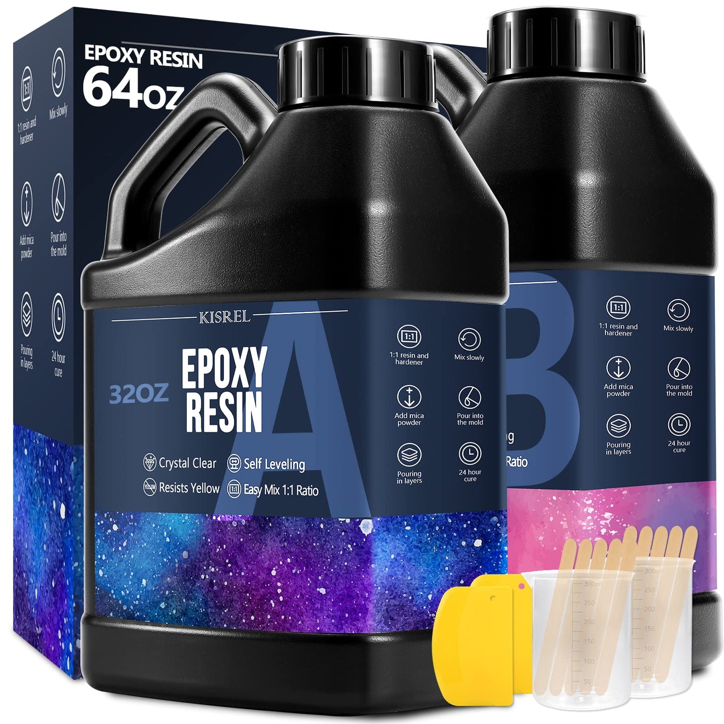 Epoxy Resin 1Gallon - Crystal Clear Epoxy Resin Kit - No Yellowing No Bubble Art Resin Casting Resin for Art Crafts, Jewelry Making, Wood & Resin Molds(1/2 Gallon x 2)