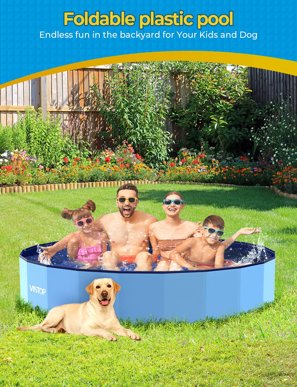 VISTOP Medium Foldable Dog Pool, Hard Plastic Shell Portable Swimming Pool for Dogs Cats and Kids Pet Puppy Bathing Tub Collapsible Kiddie Pool (37 inch.D x 7.8inch.H, Blue)