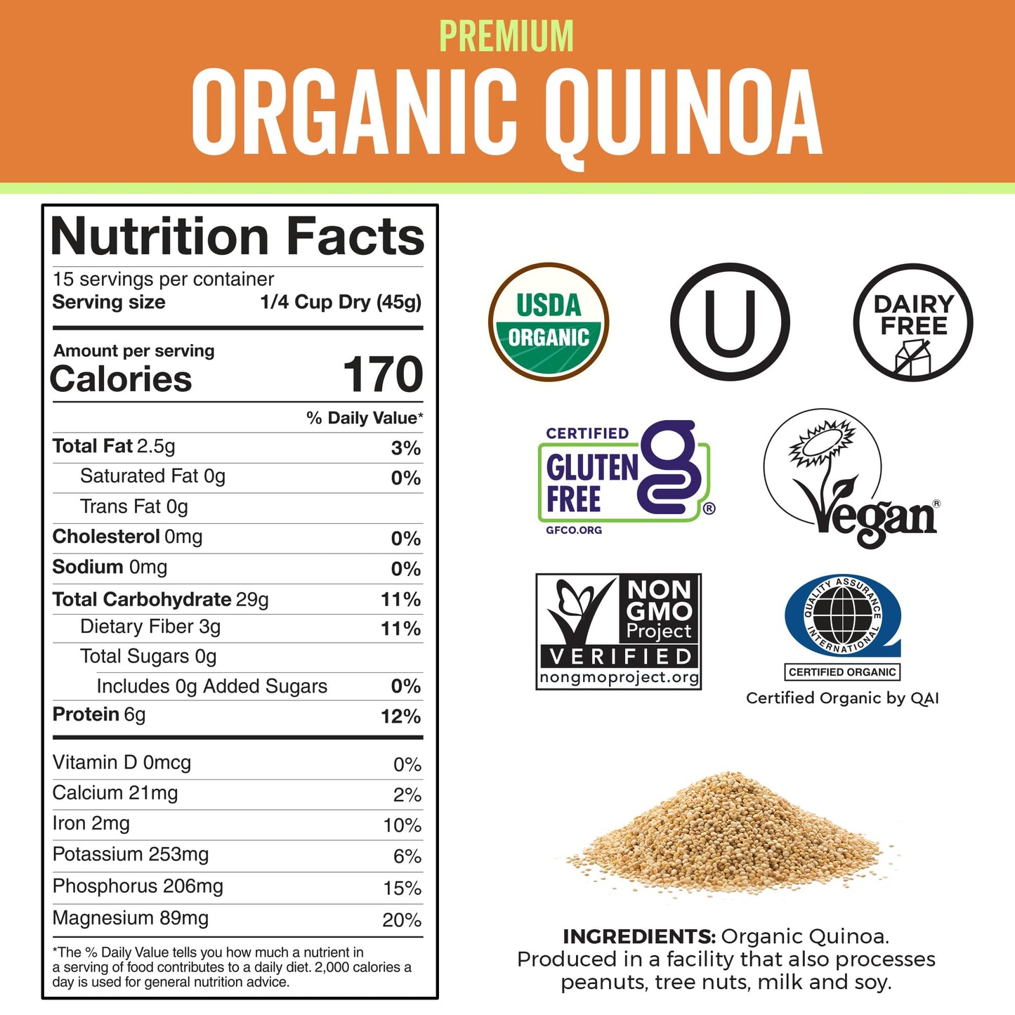 Viva Naturals Organic Quinoa, 64 oz (4 lb) - Plant Based Protein, Fiber and Iron - Pre-Washed Whole Grain Rice and Pasta Substitute for Quinoa Salad - USDA Organic, Gluten Free, Vegan, Non-GMO and Kosher