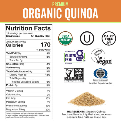 Viva Naturals Organic Quinoa, 64 oz (4 lb) - Plant Based Protein, Fiber and Iron - Pre-Washed Whole Grain Rice and Pasta Substitute for Quinoa Salad - USDA Organic, Gluten Free, Vegan, Non-GMO and Kosher