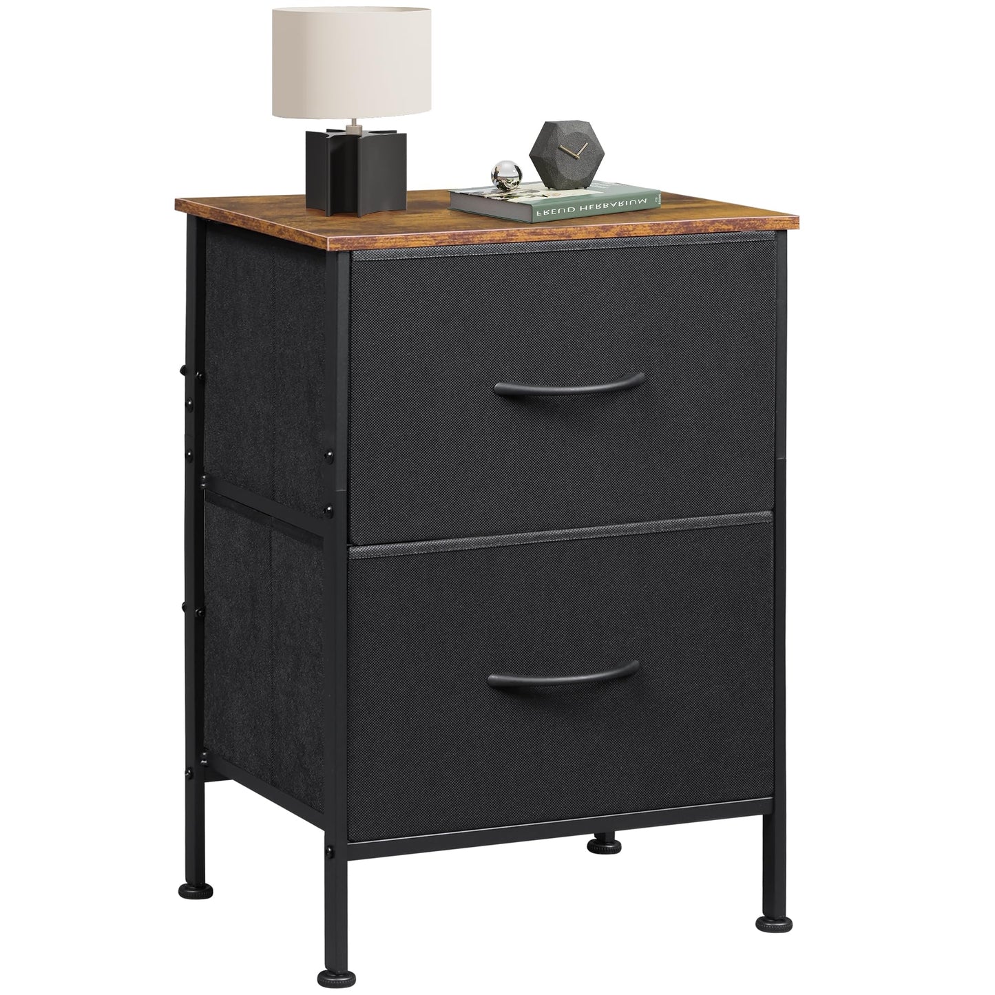 WLIVE Black Nightstand, Small Dresser for Bedroom with 2 Fabric Drawer, Bed Side Table with Drawers, End Table Bedside Furniture, Sturdy Steel Frame, Wood Top, Closet Organizer, College Dorm