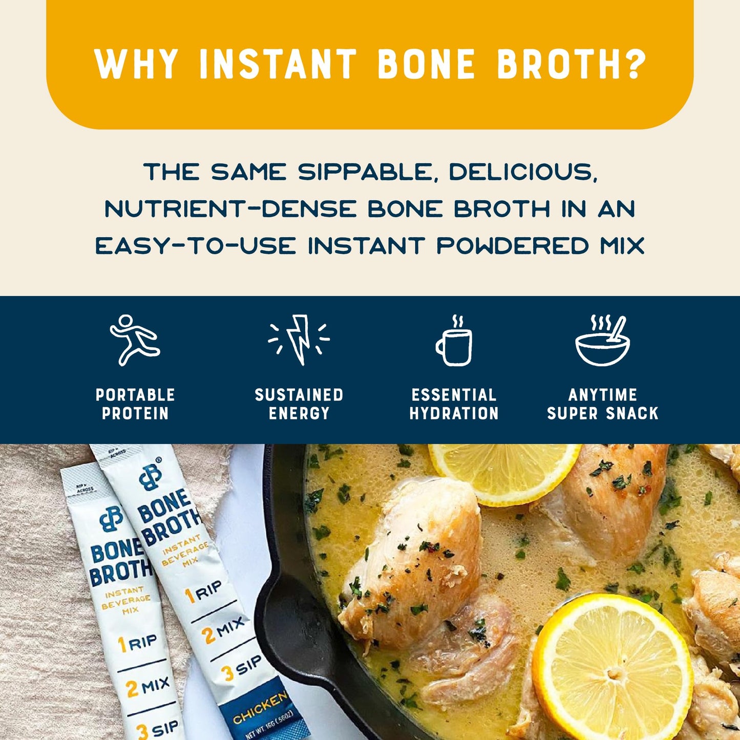 Bare Bones Bone Broth Instant Powdered Beverage Mix, Chicken, Pack of 16, 15g Sticks, 10g Protein, Keto & Paleo Friendly