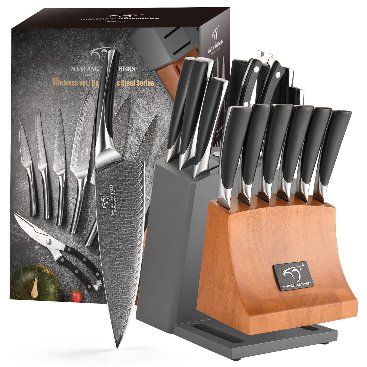 Knife Set, NANFANG BROTHERS 15-Piece Damascus Kitchen Knife Set with Block, ABS Ergonomic Handle for Chef Knife Set, Carving Fork, Disconnect-type Knife Block Set