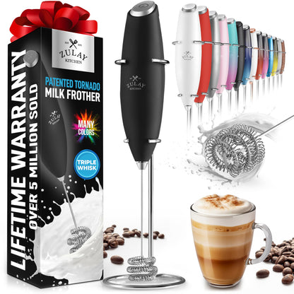 Zulay Powerful Milk Frother (4 Duracell Batteries Included) - Handheld Milk Frother Wand Drink Mixer for Coffee - Powerful Milk Foamer for Cappuccino, Frappe, Matcha & Coffee Creamer - Black