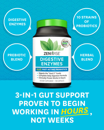 Zenwise Digestive Enzymes - Probiotic Multi Enzymes with Probiotics and Prebiotics for Digestive Health + Bloating Relief for Women and Men, Bromelain and More for Gut Health and Digestion - 15 Count