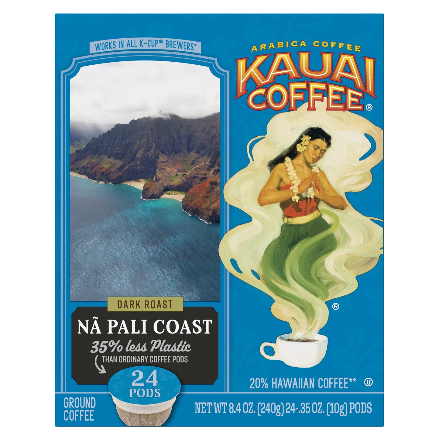 Kauai Coffee Na Pali Coast Dark Roast - Compatible with Keurig Pods K-Cup Brewers (1 Pack of 24 Single-Serve Cups)