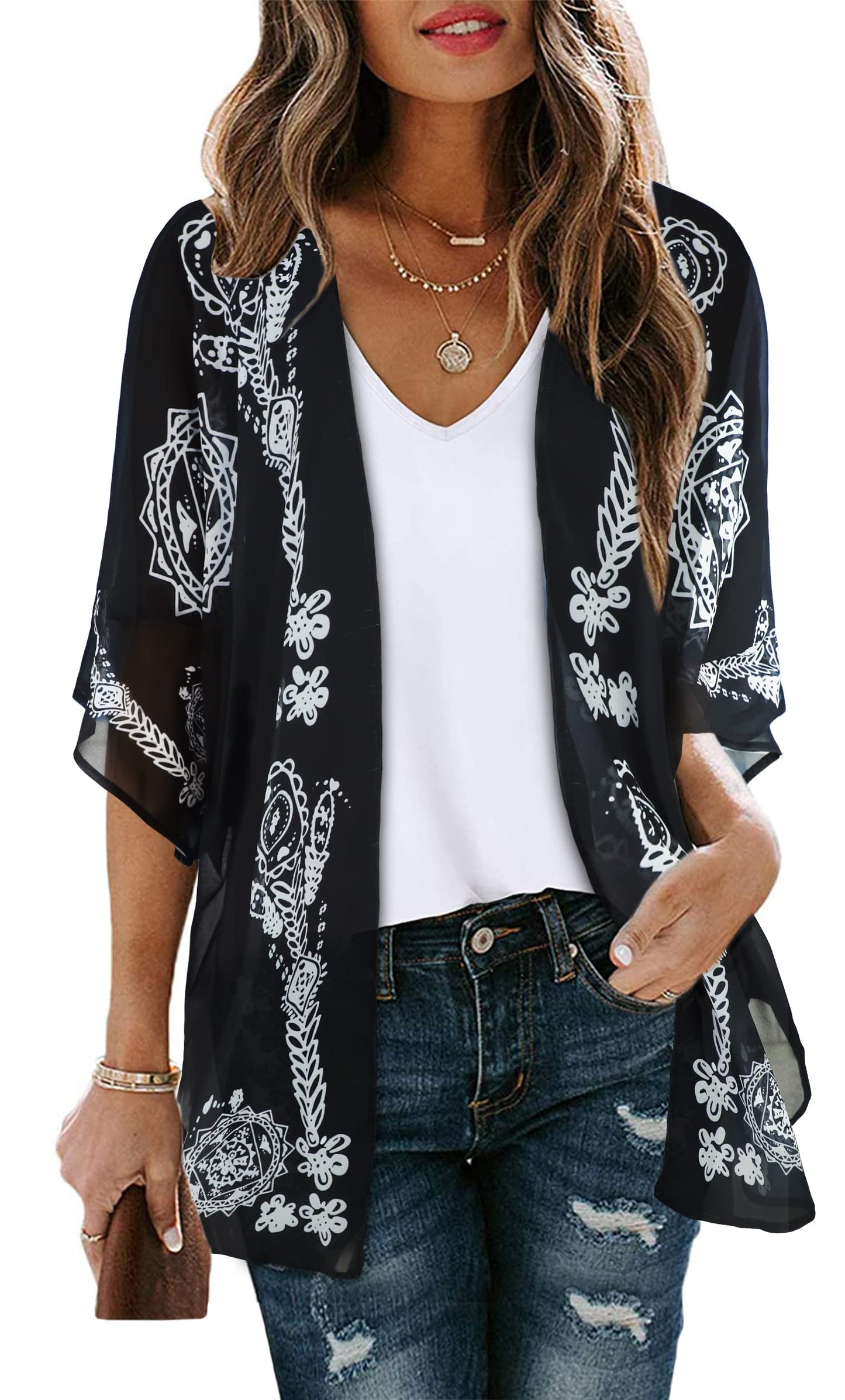 Women's Floral Print Puff Sleeve Kimono Cardigan Loose Cover Up Casual Blouse Tops