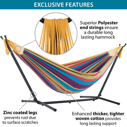 Vivere Double Hammock with Space Saving Steel Stand, Natural (450 lb Capacity - Premium Carry Bag Included)