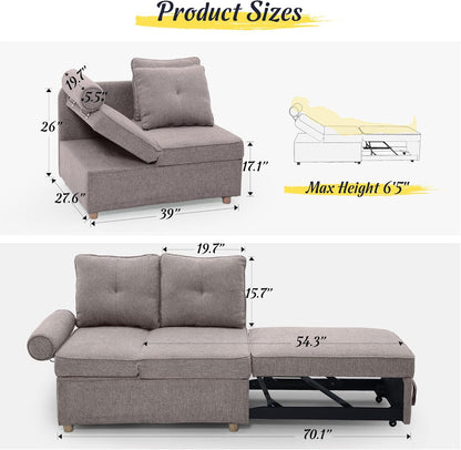 Sleeper Sofa Bed 4-in-1 Convertible Couch, Linen Fabric Love seat Couch with 2 Throw Pillow, Single Recliner for Small Space with 5 Adjustable Angles Backrest